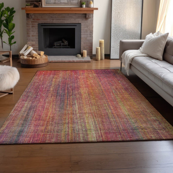 HomeRoots 10' X 14' Vibrant Red, Yellow & Orange Striped Washable Area Rug with UV Protection for Any Space 648766