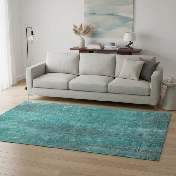 HomeRoots 5' X 8' Teal & Ivory Striped Area Rug - Washable, UV Protected, Stain Resistant, Perfect for Families! 648768