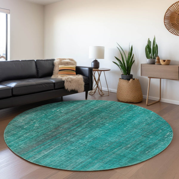 HomeRoots 8' Teal And Ivory Striped Round Rug - Durable, Stain Resistant, Washable & UV Protected for Easy Care 648769