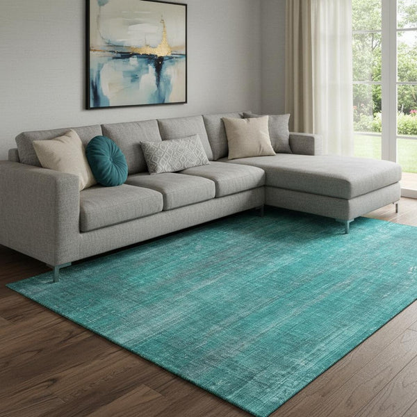 HomeRoots 9' X 12' Teal And Ivory Striped Area Rug - Durable, Stain-Resistant, UV Protected for High-Traffic Areas 648771