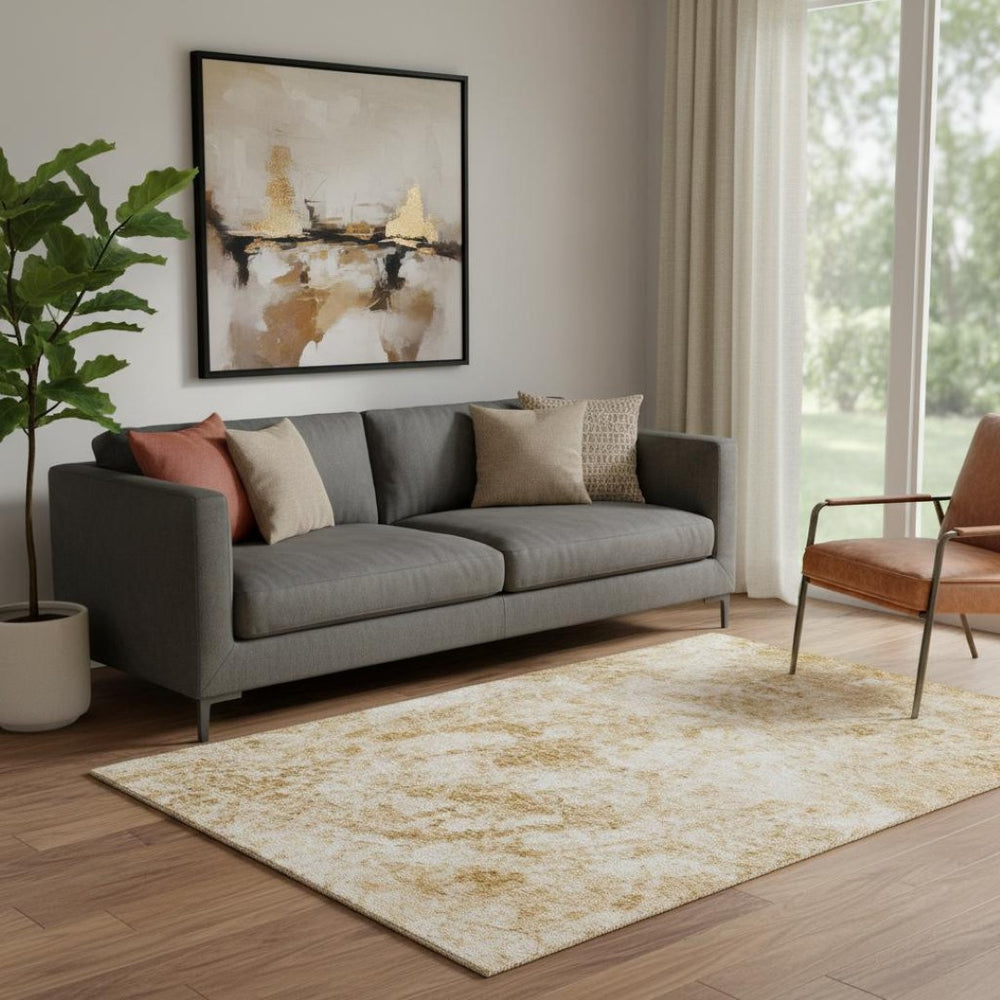 HomeRoots 5' X 8' Beige and Ivory Abstract Washable Area Rug – UV Protected, Stain-Resistant, Kid & Pet Friendly! 648780