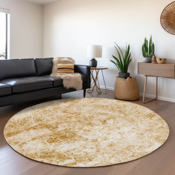 HomeRoots 8' Beige and Ivory Abstract Washable Round Rug with UV Protection for Modern Homes & Families 648781