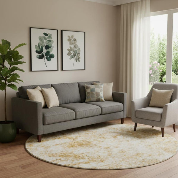 HomeRoots 8' Beige and Ivory Abstract Washable Round Rug with UV Protection for Modern Homes & Families 648781