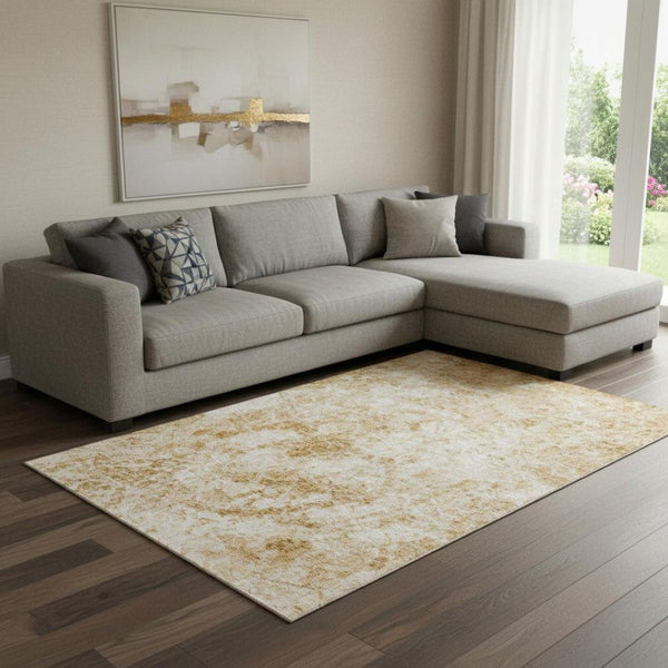 HomeRoots 9' X 12' Beige and Ivory Abstract Area Rug - Washable, UV Protected, Durable for Homes with Kids & Pets 648783