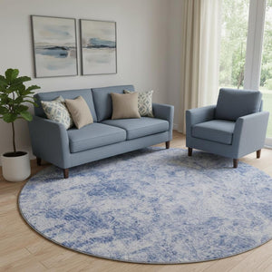 HomeRoots 8' Blue And Ivory Abstract Round Rug - Washable, UV Protected, Stylish & Durable for Every Room 648787