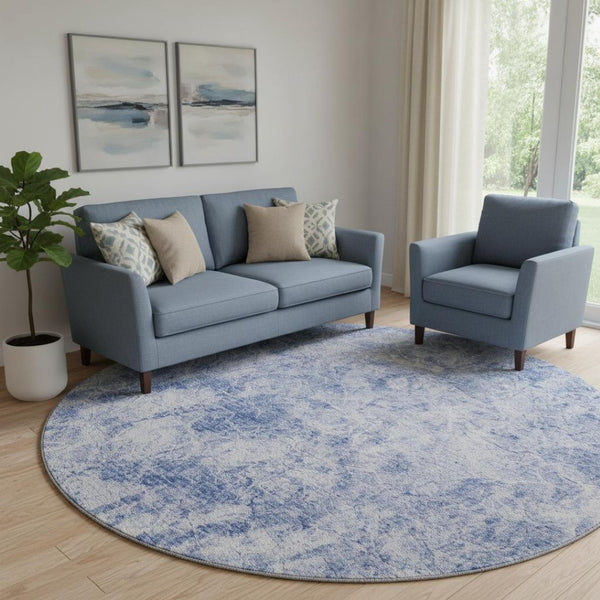 HomeRoots 8' Blue And Ivory Abstract Round Rug - Washable, UV Protected, Stylish & Durable for Every Room 648787