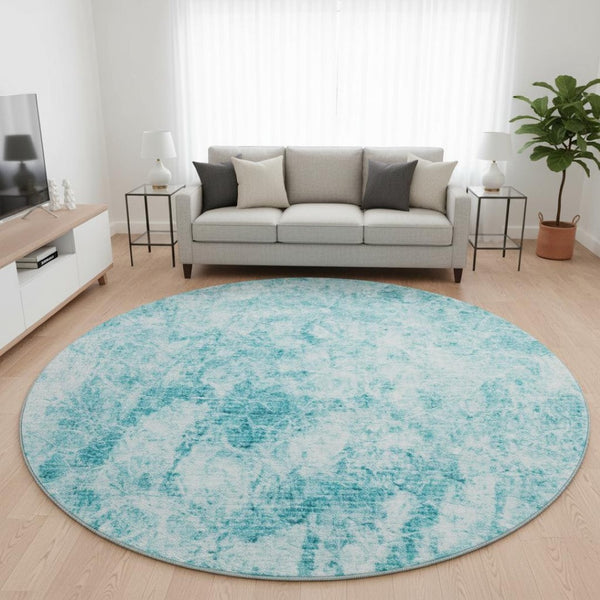 HomeRoots 8' Teal and Ivory Abstract Washable Round Rug - Durable, Stain-Resistant, UV-Protected for Modern Homes 648793