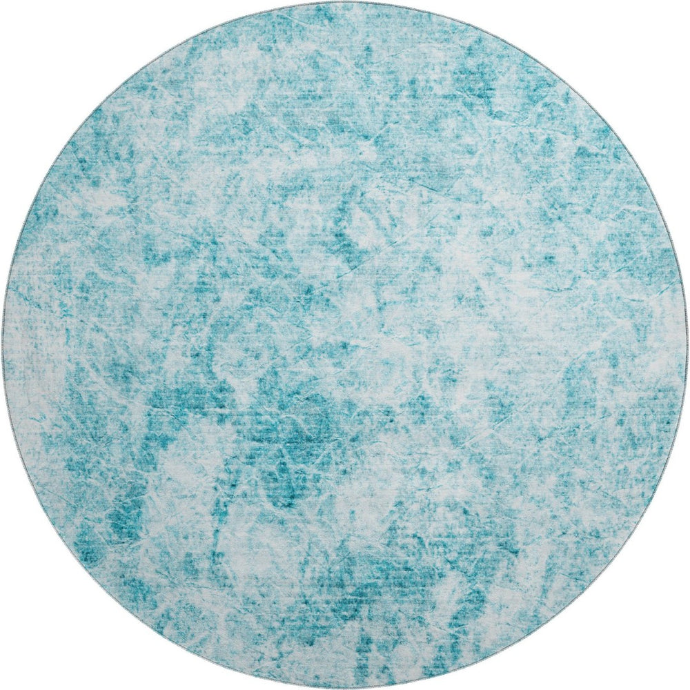 HomeRoots 8' Teal and Ivory Abstract Washable Round Rug - Durable, Stain-Resistant, UV-Protected for Modern Homes 648793