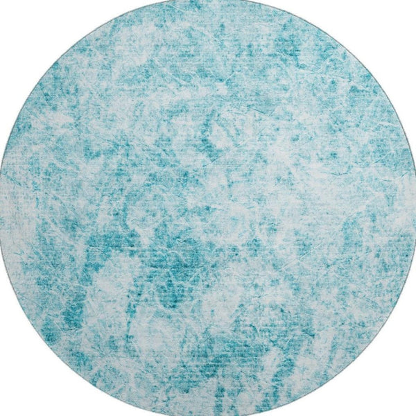 HomeRoots 8' Teal and Ivory Abstract Washable Round Rug - Durable, Stain-Resistant, UV-Protected for Modern Homes 648793