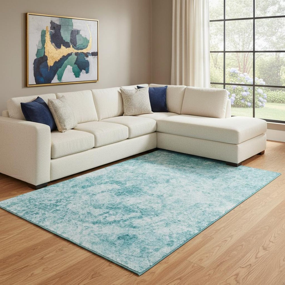 HomeRoots 8' X 10' Teal & Ivory Abstract Area Rug – Washable, UV Protected, Durable for Family Spaces & Pets 648794