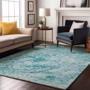 HomeRoots 10' Modern Teal & Ivory Abstract Washable Area Rug - UV Protected, Stain Resistant, Durable Design! 648796