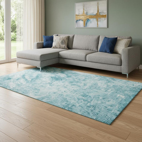 HomeRoots 10' Modern Teal & Ivory Abstract Washable Area Rug - UV Protected, Stain Resistant, Durable Design! 648796