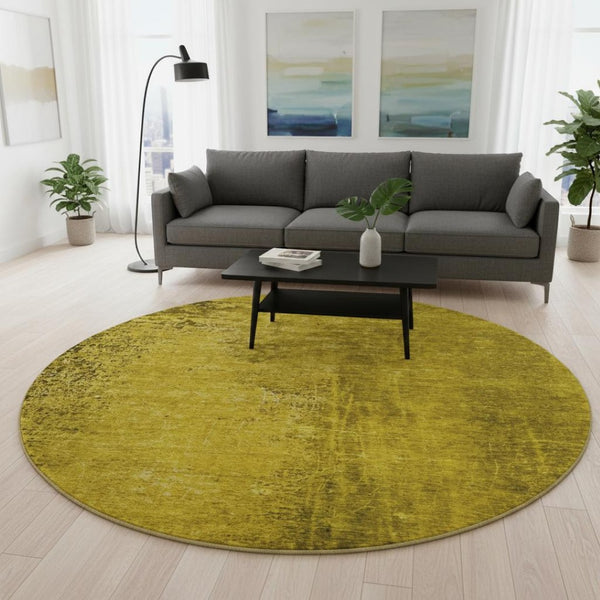 HomeRoots 8' Gold and Gray Abstract Washable Round Rug with UV Protection - Stylish, Durable, Easy-Care Design! 648799