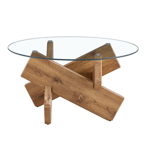 English Elm Circular glass coffee table 33.4" Modern round tempered glass top with wood MDF legs, 130 lb capacity, easy assembly W1151P143350