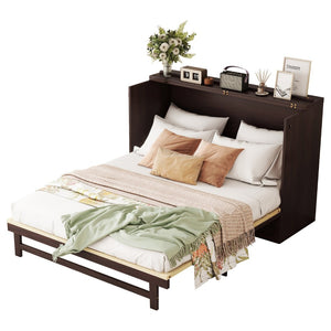 English Elm Queen Size Murphy Bed - Elegant Pine Cabinet With Rattan Accents, Espresso Finish & Storage Drawer W504S00230-GIGA