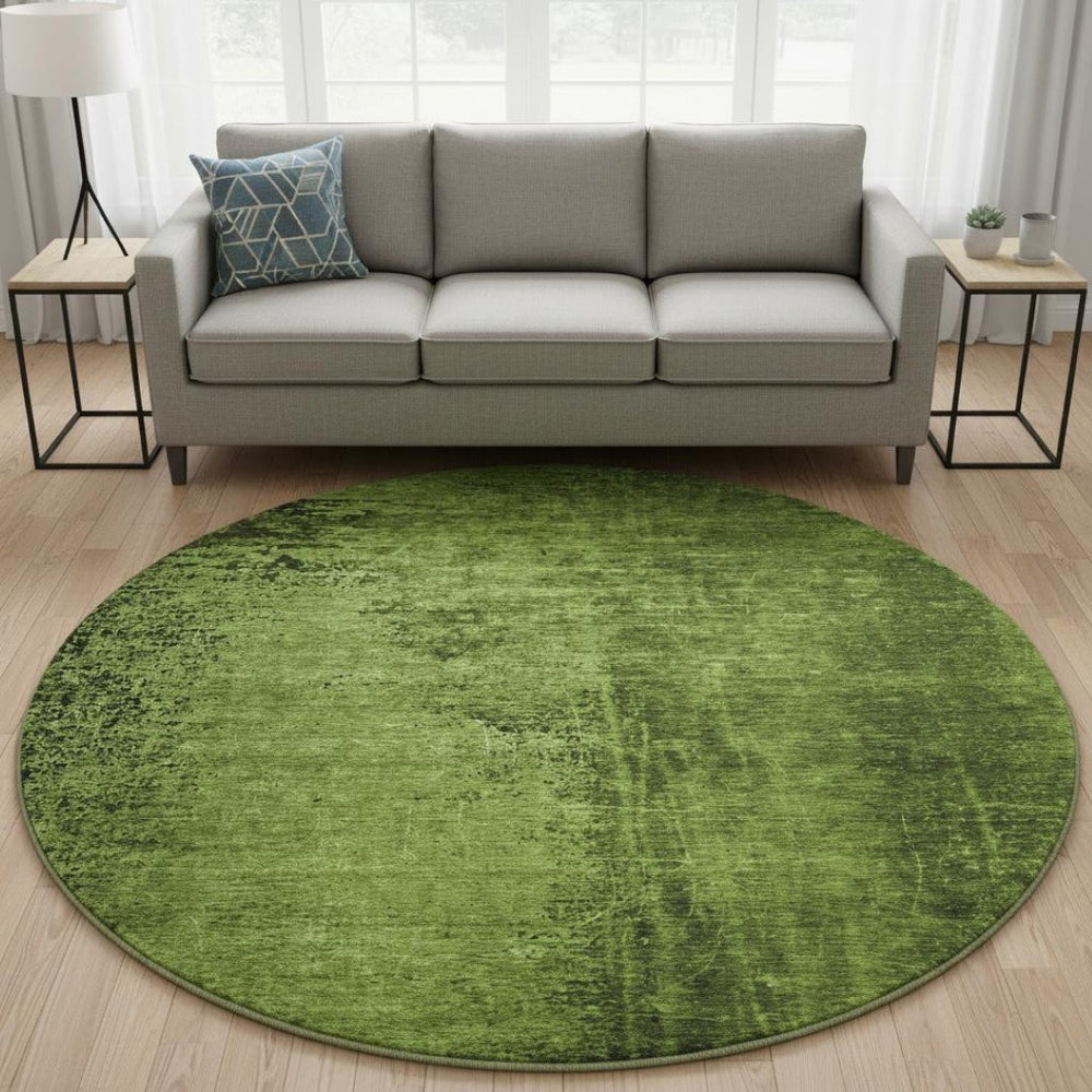 HomeRoots 8' Modern Green and Gray Abstract Round Rug – Washable, UV-Protected, Stylish & Durable Design 648811