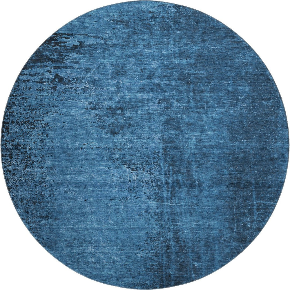 HomeRoots 8' Navy Blue & Gray Abstract Round Rug - Washable, UV Protected, Stain-Resistant, Durable Design 648817