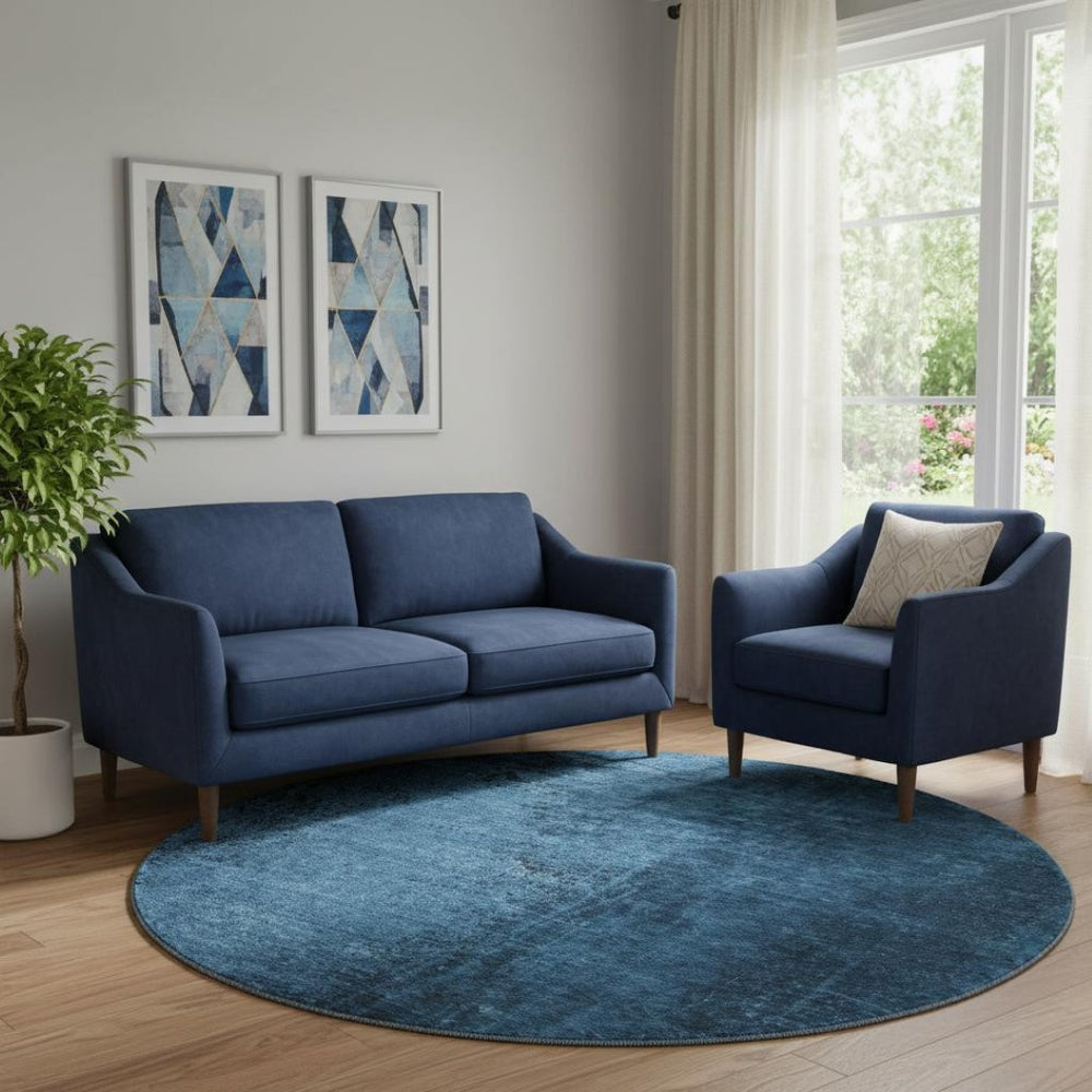 HomeRoots 8' Navy Blue & Gray Abstract Round Rug - Washable, UV Protected, Stain-Resistant, Durable Design 648817
