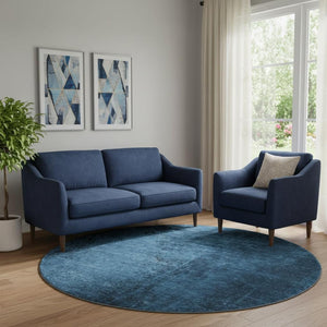 HomeRoots 8' Navy Blue & Gray Abstract Round Rug - Washable, UV Protected, Stain-Resistant, Durable Design 648817