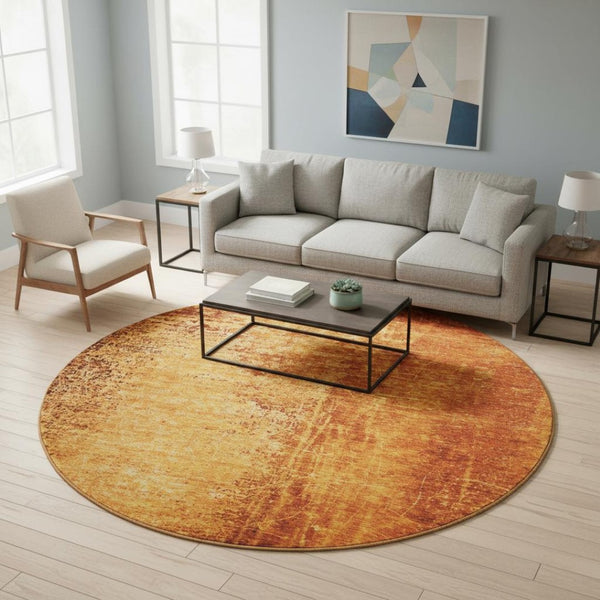 HomeRoots 8' Contemporary Rust and Gray Abstract Washable Round Rug with UV Protection for Stylish Spaces 648823