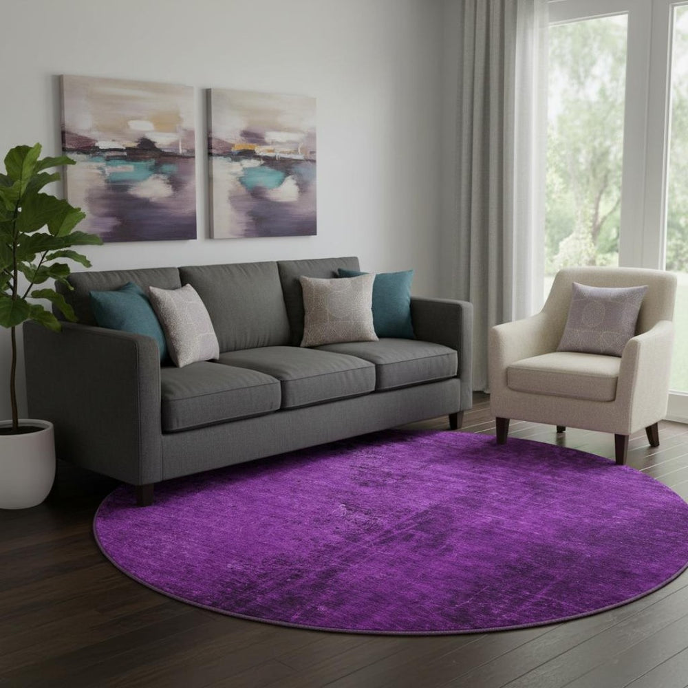 HomeRoots 8' Purple and Gray Abstract Washable Round Rug - Durable, Stain-Resistant, UV Protected for Homes 648829