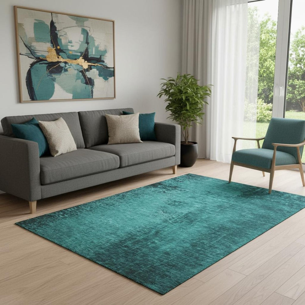 HomeRoots 5' X 8' Stylish Teal and Gray Abstract Area Rug – Washable, Stain-Resistant, UV Protected for Homes 648834