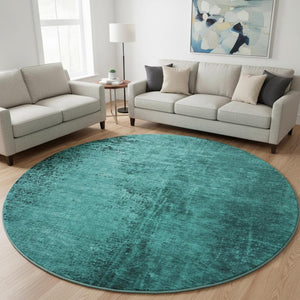 HomeRoots 8' Teal and Gray Abstract Round Rug – Washable, Durable, UV-Protected for Modern Spaces & High Traffic Areas 648835