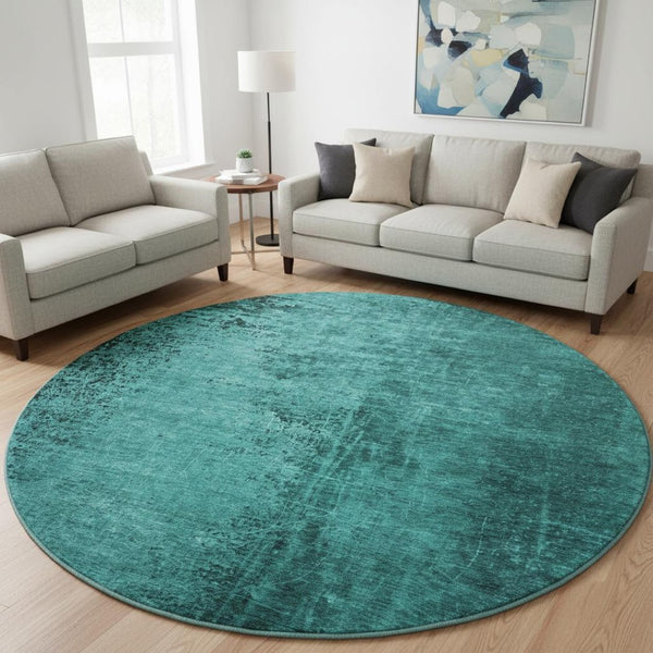 HomeRoots 8' Teal and Gray Abstract Round Rug – Washable, Durable, UV-Protected for Modern Spaces & High Traffic Areas 648835