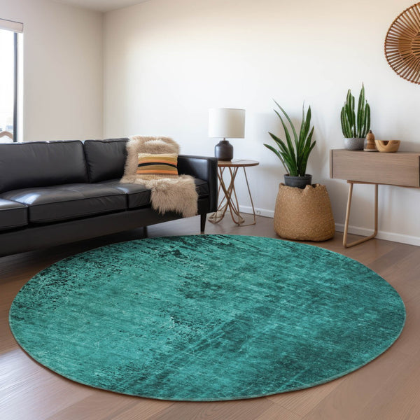 HomeRoots 8' Teal and Gray Abstract Round Rug – Washable, Durable, UV-Protected for Modern Spaces & High Traffic Areas 648835