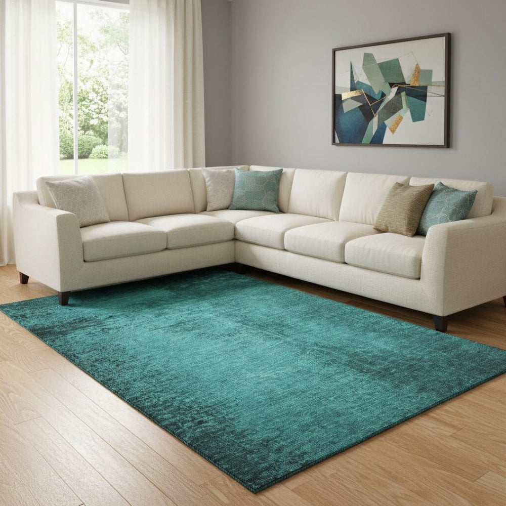 HomeRoots 8' X 10' Teal And Gray Abstract Area Rug - Stain Resistant, UV Protected, Perfect for Pets & Kids 648836