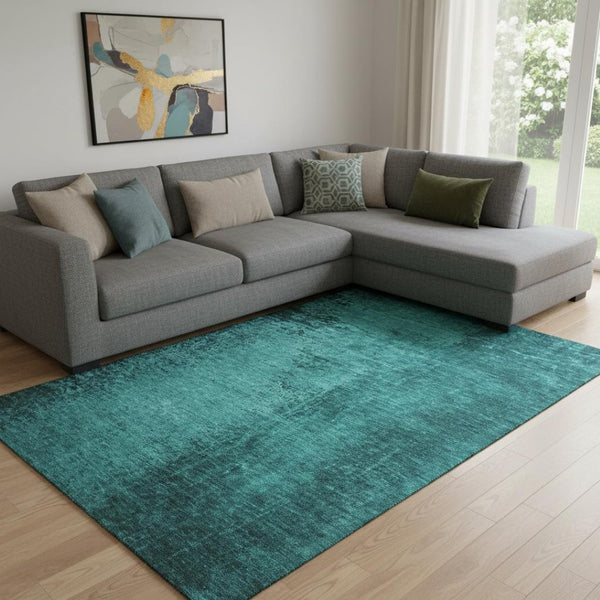 HomeRoots 10' X 14' Teal And Gray Abstract Area Rug - Washable, UV-Protected, Stylish for Living Spaces 648838