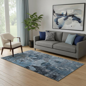 HomeRoots 5' X 8' Denim Blue & Gray Abstract Washable Area Rug - Durable, UV Protected, Ideal for Family Spaces 648840