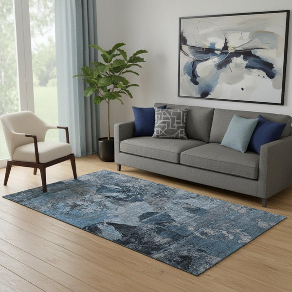 HomeRoots 5' X 8' Denim Blue & Gray Abstract Washable Area Rug - Durable, UV Protected, Ideal for Family Spaces 648840