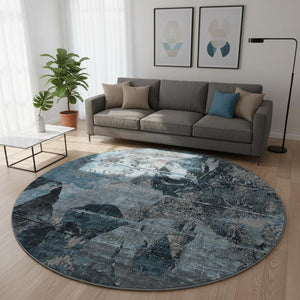 HomeRoots 8' Stylish Denim Blue and Gray Abstract Washable Round Rug with Stain Resistance and UV Protection 648841