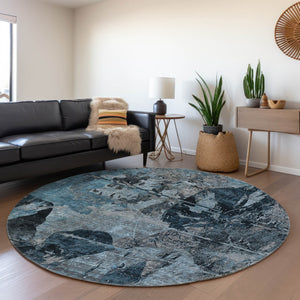 HomeRoots 8' Stylish Denim Blue and Gray Abstract Washable Round Rug with Stain Resistance and UV Protection 648841