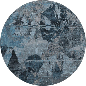 HomeRoots 8' Stylish Denim Blue and Gray Abstract Washable Round Rug with Stain Resistance and UV Protection 648841