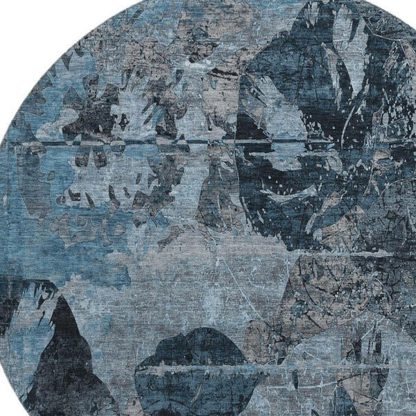 HomeRoots 8' Stylish Denim Blue and Gray Abstract Washable Round Rug with Stain Resistance and UV Protection 648841