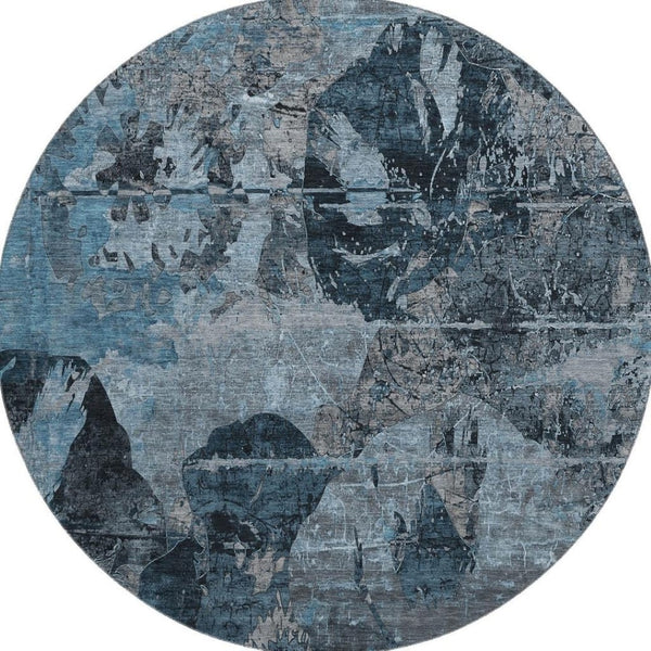HomeRoots 8' Stylish Denim Blue and Gray Abstract Washable Round Rug with Stain Resistance and UV Protection 648841