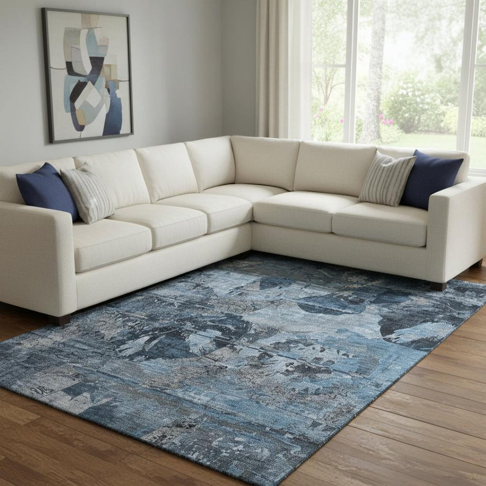 HomeRoots 8' X 10' Stylish Denim Blue & Gray Abstract Area Rug - Washable, UV-Protected, Ideal for High-Traffic Areas 648842
