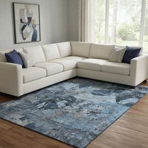 HomeRoots 8' X 10' Stylish Denim Blue & Gray Abstract Area Rug - Washable, UV-Protected, Ideal for High-Traffic Areas 648842
