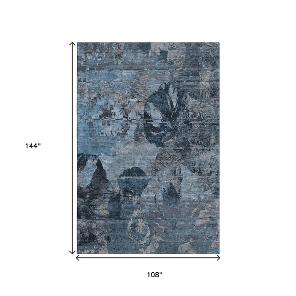 HomeRoots 9' X 12' Denim Blue & Gray Abstract Washable Area Rug - Durable, UV-Protected for High-Traffic Spaces 648843