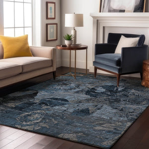 HomeRoots 9' X 12' Denim Blue & Gray Abstract Washable Area Rug - Durable, UV-Protected for High-Traffic Spaces 648843