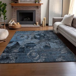 HomeRoots 9' X 12' Denim Blue & Gray Abstract Washable Area Rug - Durable, UV-Protected for High-Traffic Spaces 648843