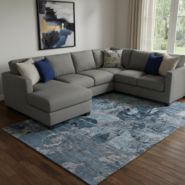 HomeRoots 10' Denim Blue and Gray Abstract Washable Area Rug - Durable, UV Protected, Modern Design for Homes 648844