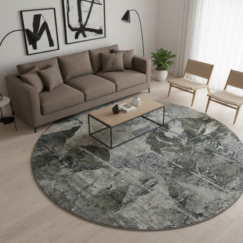 HomeRoots 8' Contemporary Gray and Taupe Abstract Washable Round Rug with UV Protection for Busy Homes 648847