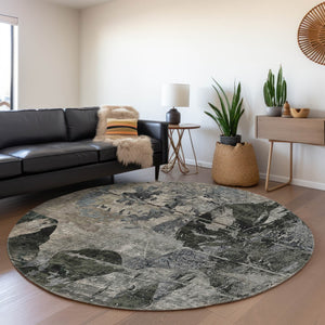 HomeRoots 8' Contemporary Gray and Taupe Abstract Washable Round Rug with UV Protection for Busy Homes 648847