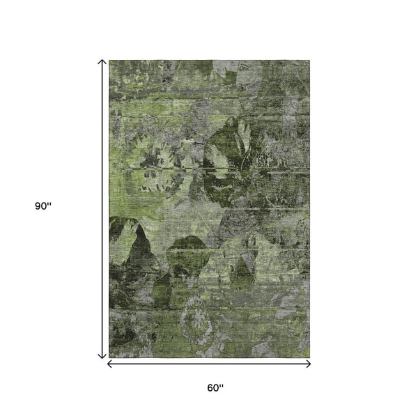 HomeRoots 5' X 8' Green and Gray Abstract Washable Area Rug with Stain Resistance and UV Protection for Homes 648852