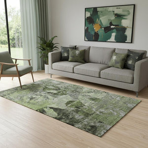 HomeRoots 5' X 8' Green and Gray Abstract Washable Area Rug with Stain Resistance and UV Protection for Homes 648852
