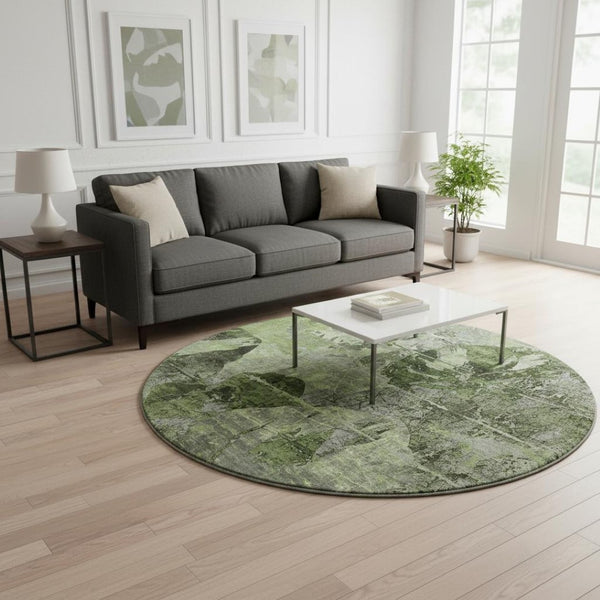 HomeRoots 8' Green and Gray Abstract Round Rug - Stylish, Washable, UV-Protected, Durable for High-Traffic Areas 648853