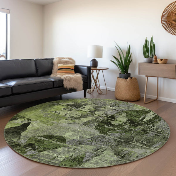 HomeRoots 8' Green and Gray Abstract Round Rug - Stylish, Washable, UV-Protected, Durable for High-Traffic Areas 648853